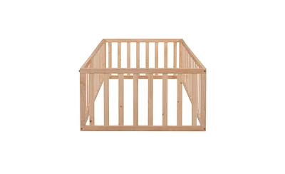 Twin Wood Floor Bed Frame with Fence and Door for Kids