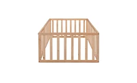 Twin Wood Floor Bed Frame with Fence and Door for Kids