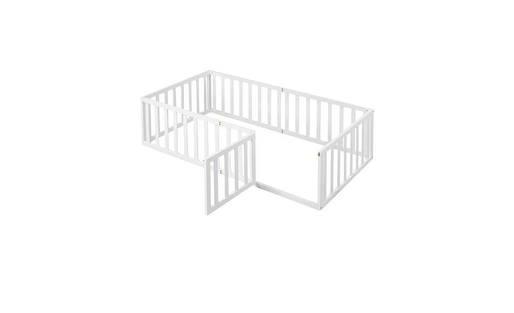 Twin Size Wood Floor Bed Frame with Fence and Door for Kids