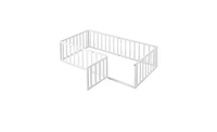 Twin Size Wood Floor Bed Frame with Fence and Door for Kids