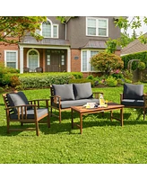 Sugift 4 Pieces Wooden Patio Sofa Chair Set with Cushion