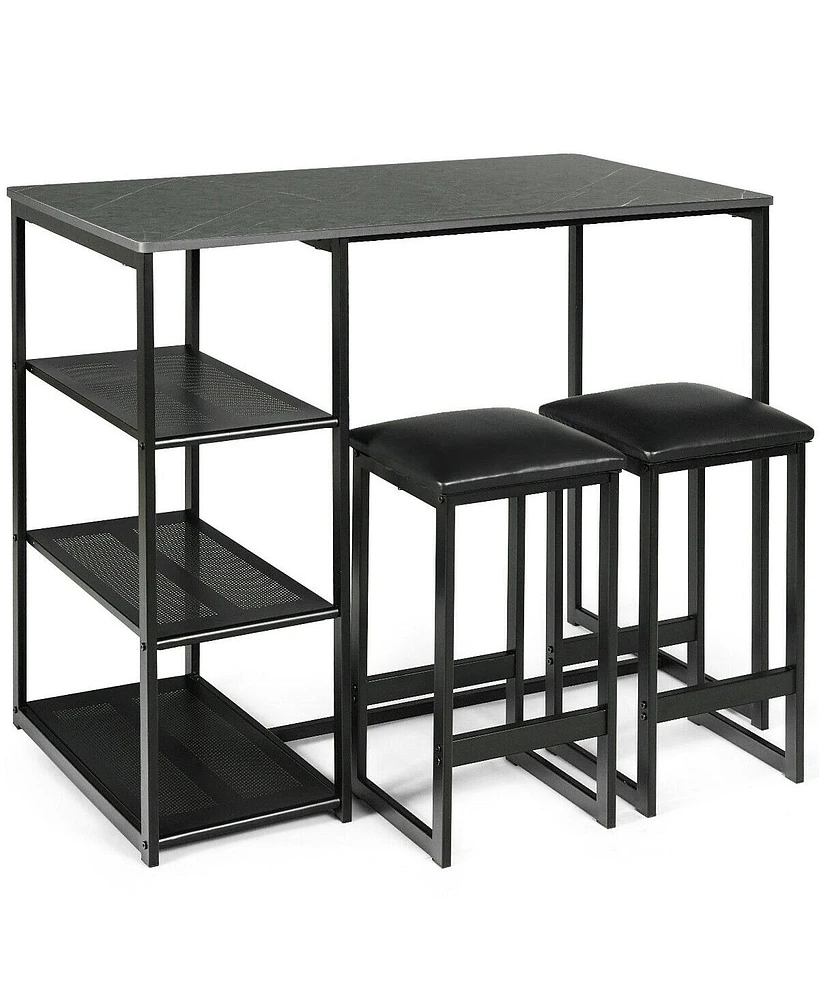 Sugift 3 Pieces Dining Set with Rectangular Faux Marble and 3 Metal Storage Shelves