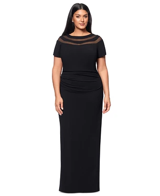 Xscape Plus Illusion Boat-Neck Short-Sleeve Gown