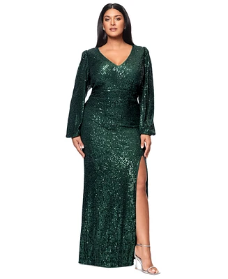 Xscape Plus Sequin Long-Sleeve Side-Slit Gown