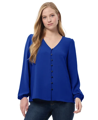 Jones New York Women's V Neck Button Front Top with Long Sleeves Jasper Crepe