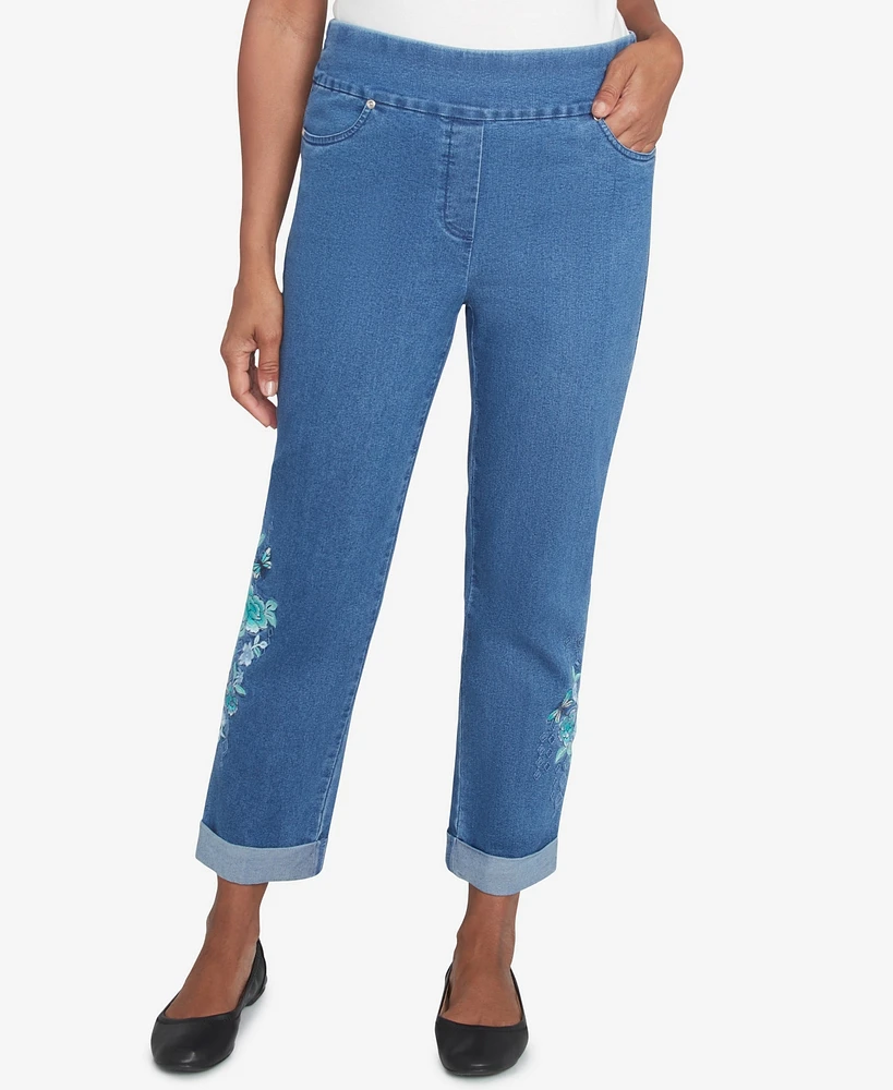 Alfred Dunner Petite Embroidered Super Stretch Denim Ankle Pants