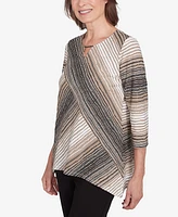 Alfred Dunner Petite Neutral Spliced Textured Stripe Top