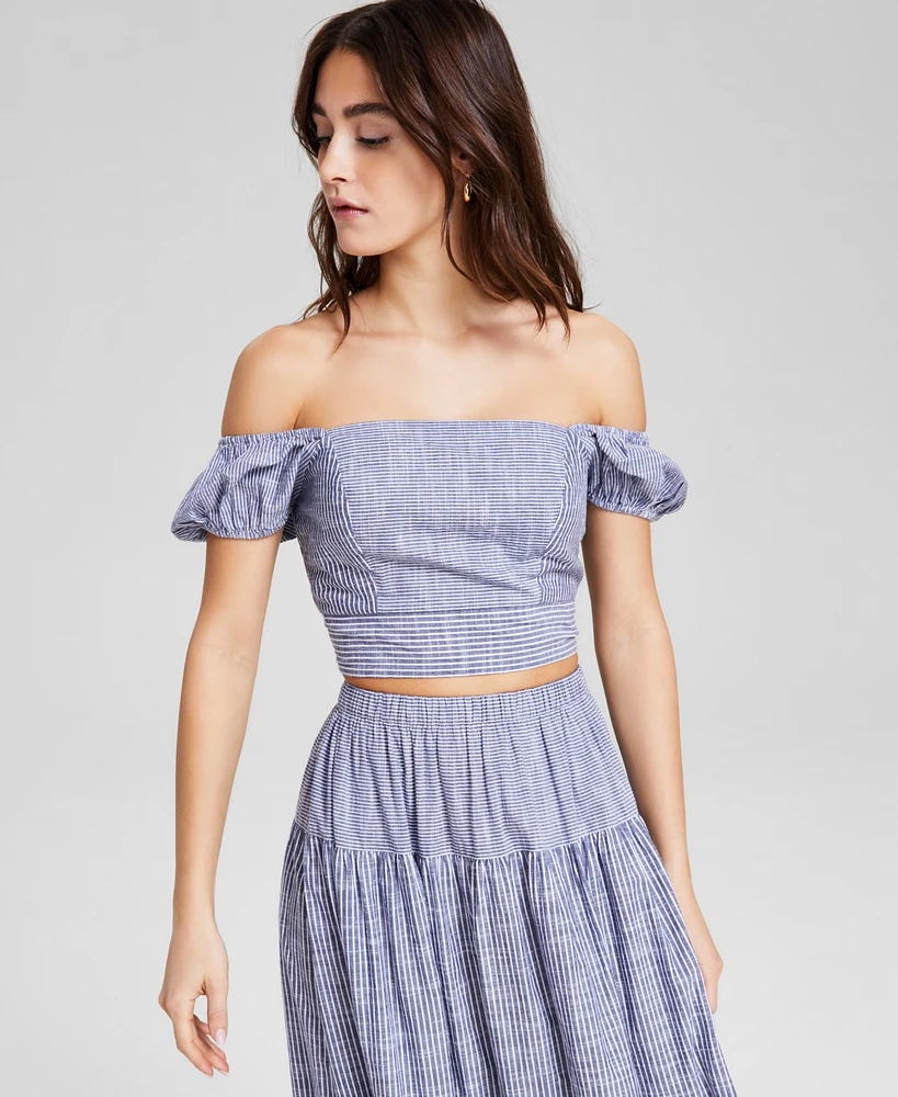 And Now This Women's Off-the-Shoulder Striped Smocked-Back Puff-Sleeve Top, Exclusively at Macy's