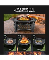 32'' Round Fire Pit Set W/ Rain Cover Bbq Grill Log Grate Poker