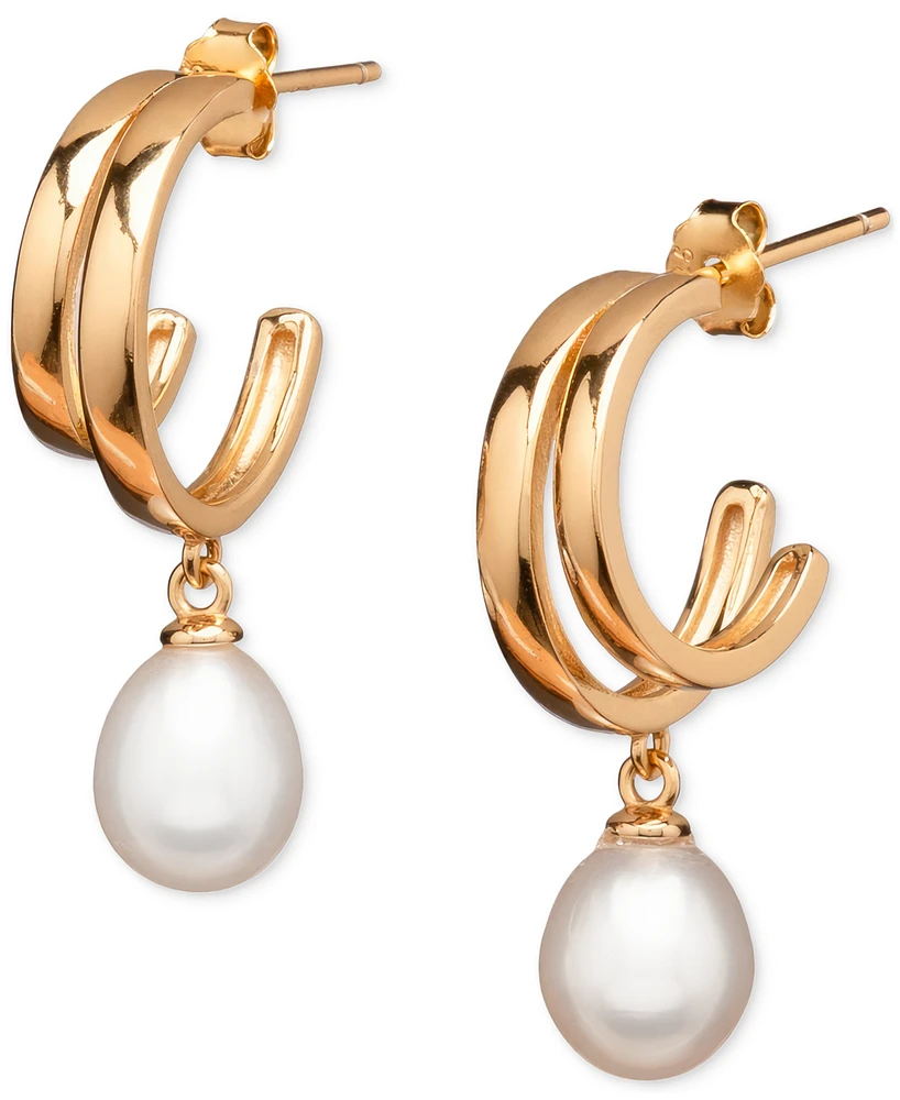 Cultured Freshwater Pearl (7 x 9mm) Double Hoop Drop Earrings in 18k Gold over Sterling Silver, Created for Macy's