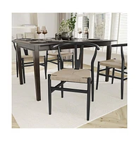 Emma+Oliver Devine Set Of 2 Wishbone Style Wooden Dining Chairs With Kraft Paper Rope Seats, Stackable Design