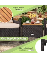 Costway 3PCS Patio Rattan Furniture Set Wooden Armrest Table Top Cushioned Deck