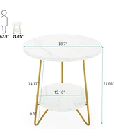 Tribesigns Faux Marble End Table Set of 2, 2 Tier Round Side Table with Shelves, Modern Gold Nightstand Bedside Table Small Coffee Accent Table for Li