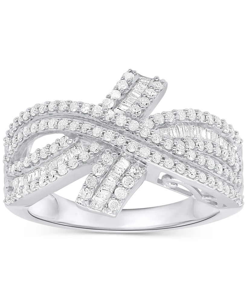 Diamond Round & Baguette Crossover Ring (3/4 ct. t.w.) Sterling Silver