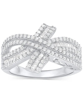 Diamond Round & Baguette Crossover Ring (3/4 ct. t.w.) Sterling Silver