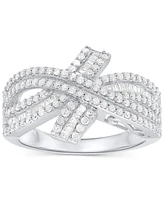 Diamond Round & Baguette Crossover Ring (3/4 ct. t.w.) Sterling Silver