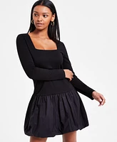 Bar Iii Women's Mixed Media Long-Sleeve Bubble-Hem Dress, Exclusively at Macy's