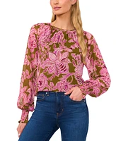 CeCe Women's Long-Sleeve Smocked-Cuff Floral-Print Top