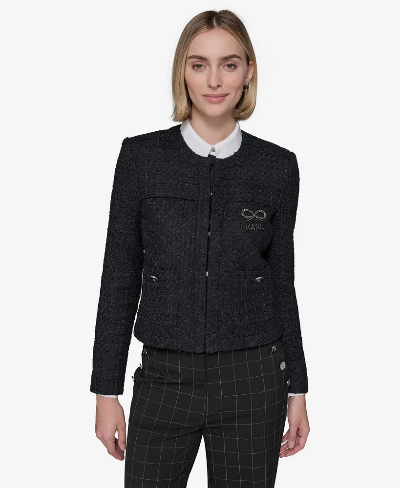 Karl Lagerfeld Paris Women's Bow-Trim Tweed Jacket