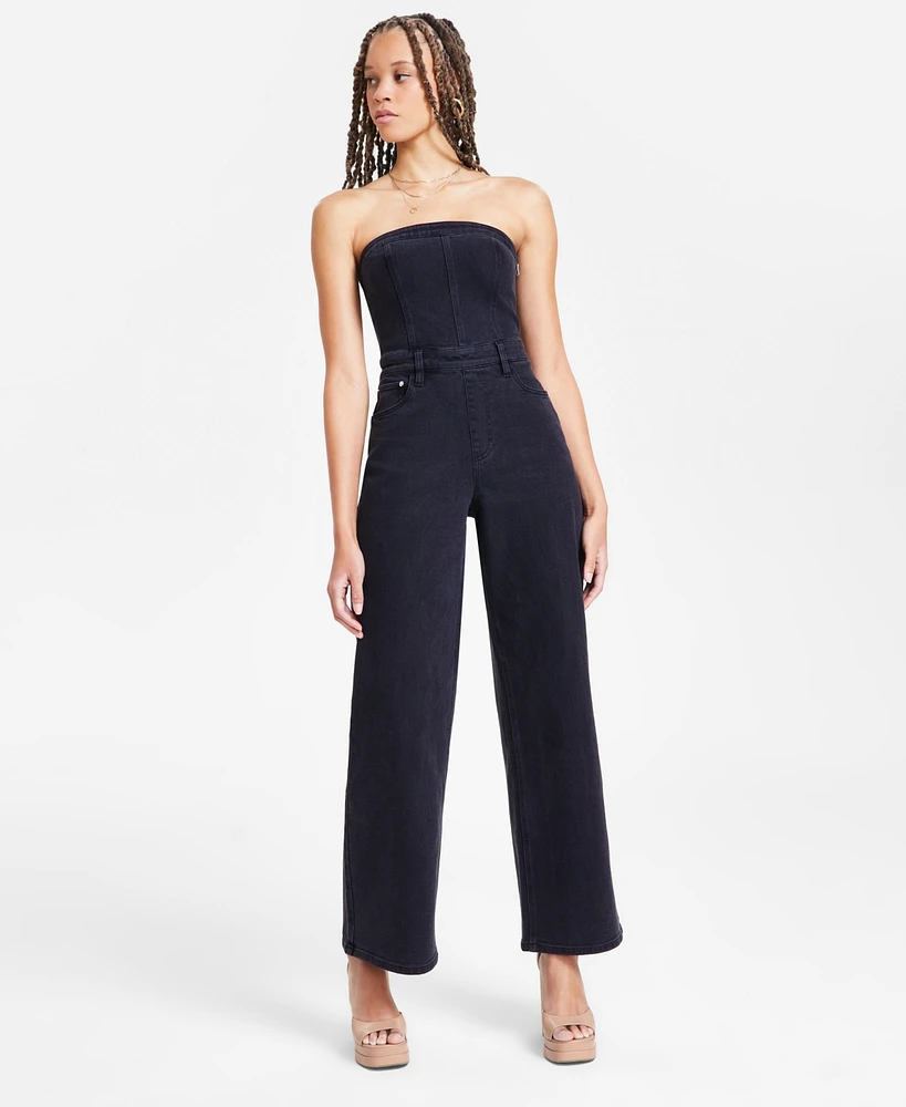 Bar Iii Women's Strapless Black-Wash Denim Jumpsuit, Exclusively at Macy's