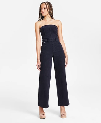 Bar Iii Women's Strapless Black-Wash Denim Jumpsuit, Exclusively at Macy's