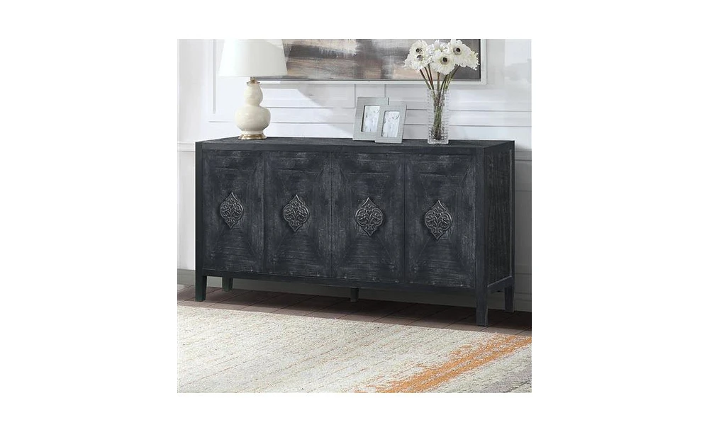 Slickblue 4-Door Storage Wooden Cabinet Console Table Sideboard with Elegant Flower Pattern Door Knobs