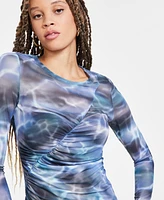 Bar Iii Women's Printed Long-Sleeve Ruched Mesh Top, Exclusively at Macy's