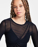 Bar Iii Women's Long-Sleeve Ruched Mesh Top, Exclusively at Macy's