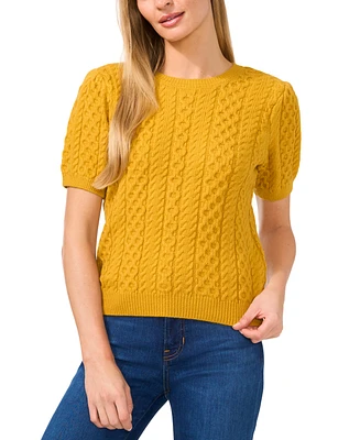 CeCe Women's Puff Short Sleeve Mixed Cable Knit Crew Neck Sweater