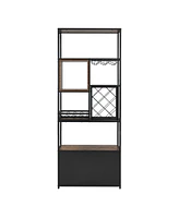 Streamdale Furniture 82.7” Industrial Black Bar Cabinet with Wine Rack, Glass Holder, and Storage