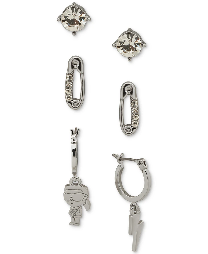 Karl Lagerfeld Paris Silver-Tone 3-Pc. Set Crystal Stud & Mismatch Hoop Earrings