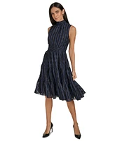 Calvin Klein Women's Checkered Shimmering Tiered A-Line Midi Dress