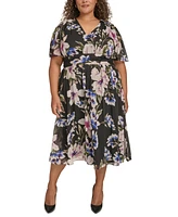 Calvin Klein Plus Floral-Print Flutter-Sleeve Chiffon Dress