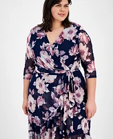 Connected Plus 3/4-Sleeve Ruffle-Trimmed Wrap Dress