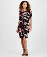 Connected Petite Ruched Side-Tab Elbow-Sleeve Dress