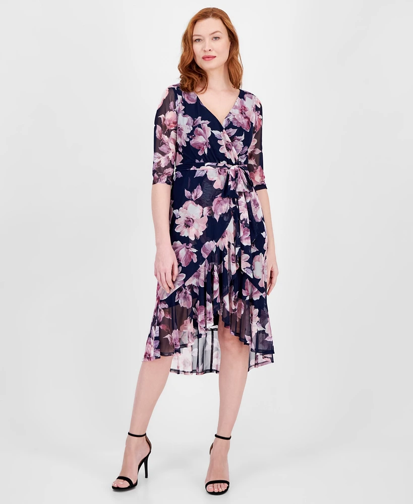 Connected Petites Floral-Print Ruffled 3/4-Sleeve Dress