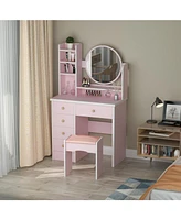 Famapy 5-Drawers Pink Makeup Vanity Dressing Table Set with Stool, Mirror and Storage Shelves Girls