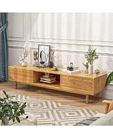 Costway 63" Bamboo Tv Stand with 3 Storage Cubes Sliding Doors Mid Century Storage Cabinet