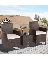 Sugift 3 Pieces Patio Cushioned Rattan Converstaion Set With Glass Table Top