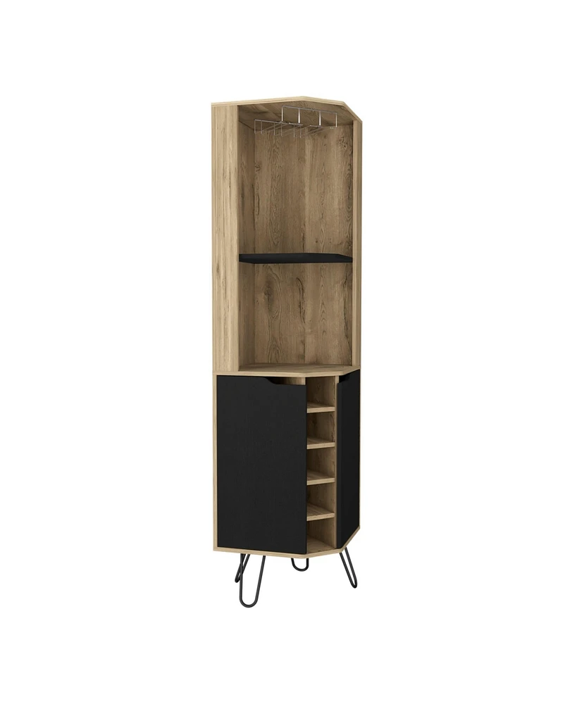 Bursan Corner Cabinet Six Built-in Wine Rack, Two Shelves, Four Shelves, Macadamia / Black