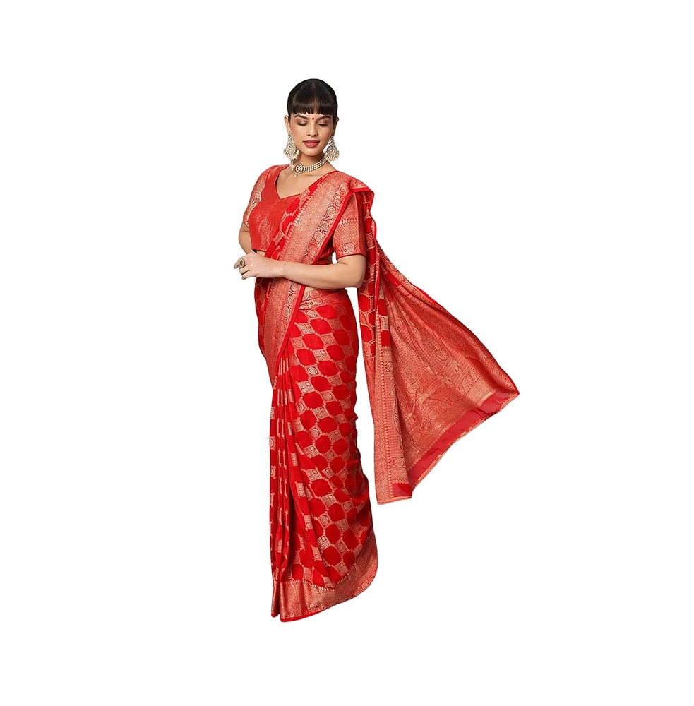 One Minute Saree Women's Jiva Red Gold Embroidered Georgette Ready to Wear Sari