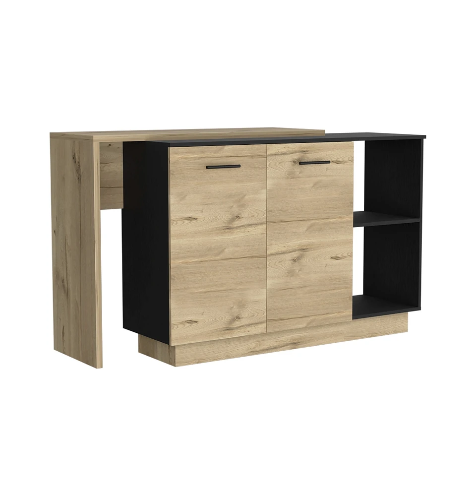 Creta Kitchen Island, Double Door Cabinets, Two External Shelves, Three White / Light Oak