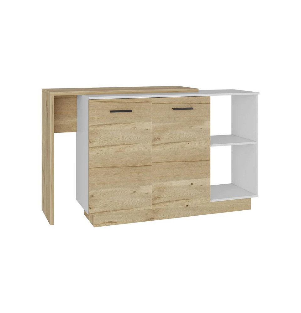 Depot E-Shop Creta Kitchen Island, Double Door Cabinets, Two External Shelves, Three Shelves, White / Light Oak