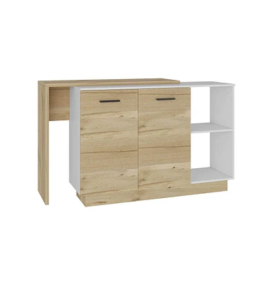 Creta Kitchen Island, Double Door Cabinets, Two External Shelves, Three Shelves, White / Light Oak