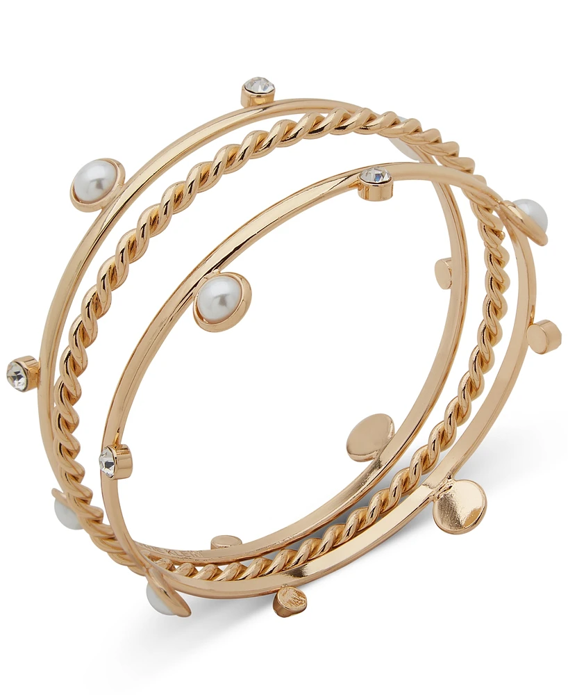 Anne Klein Gold-Tone 3-Pc. Set Imitation Pearl & Crystal Stacking Bracelets