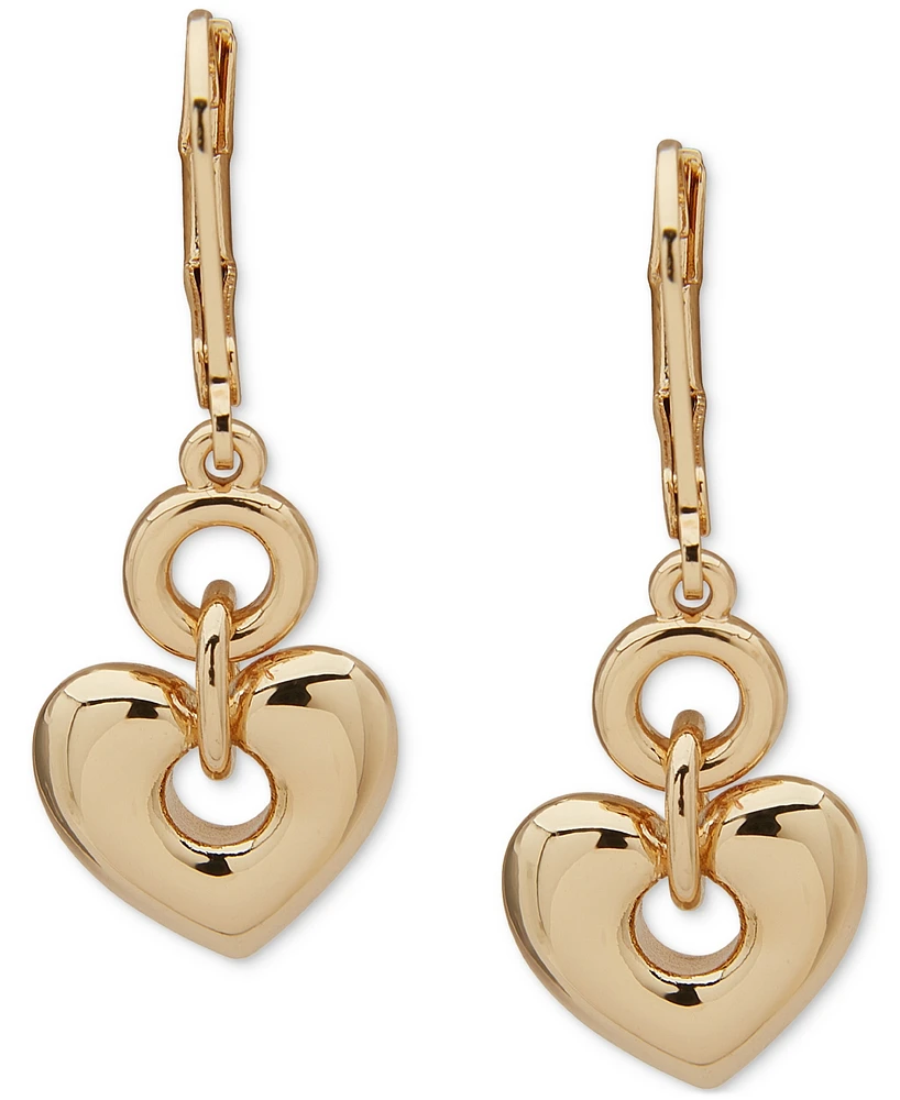 Anne Klein Gold-Tone Crystal Pave Heart Dangle Leverback Drop Earrings