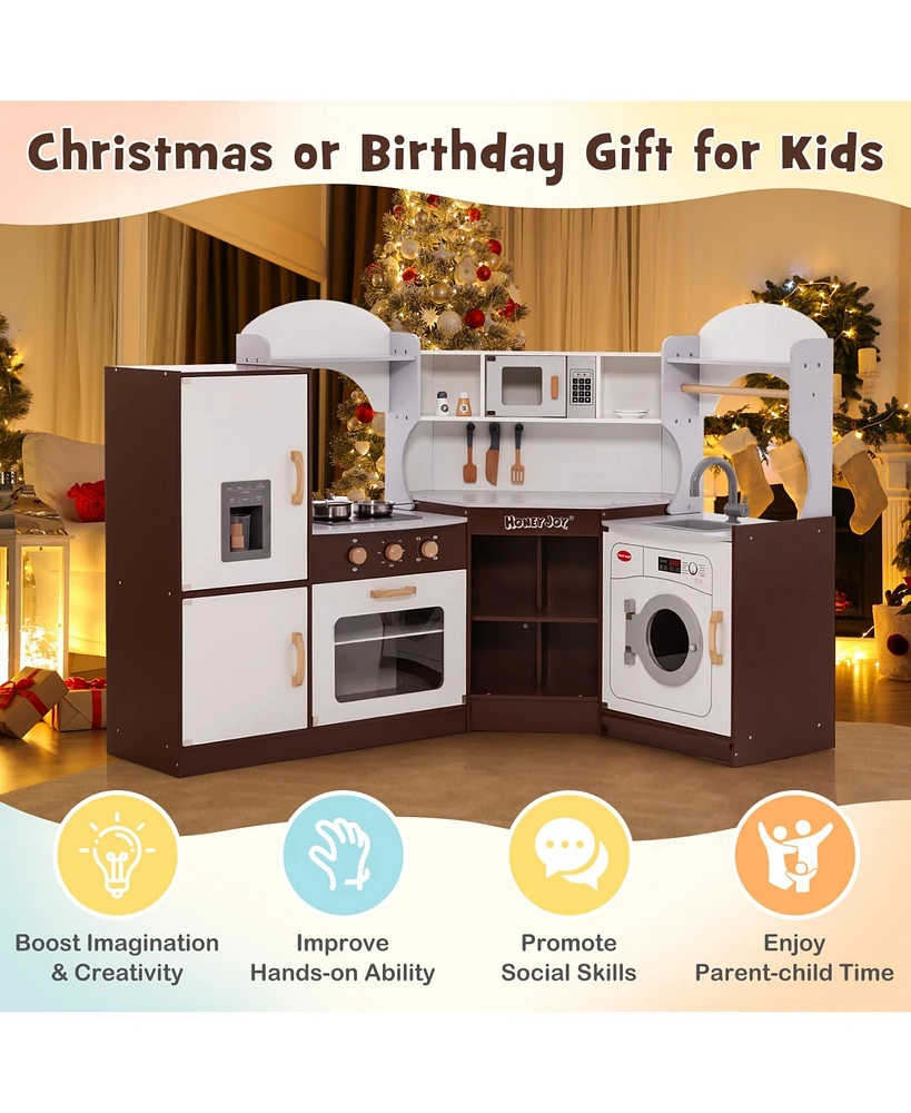 Hongge Toddler Kitchen Playset with Ice Maker Microwave Oven Sink and Washing Machine for Kids 3+ Years Old