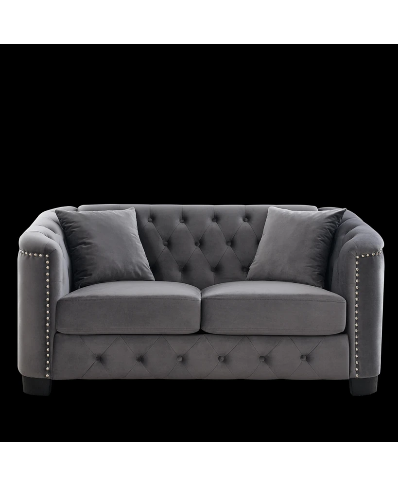 Slickblue 59-Inch Modern Chesterfield Velvet 2-Seater Sofa, Tufted Backrest, Nailhead Arms, and 2 Cushions for Living Room