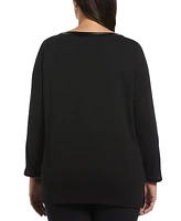 Rafaella Plus Ribbed Faux Leather Trim Long Sleeve Tunic Top