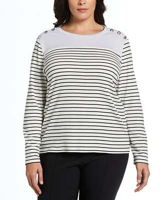 Rafaella Plus Color Block Stripe Button Detail Long Sleeve Top